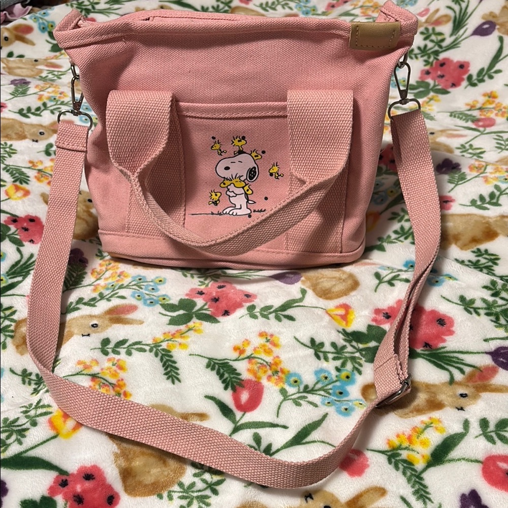Pink Canvas snoopy, and Woodstock  Tote Bag with Design